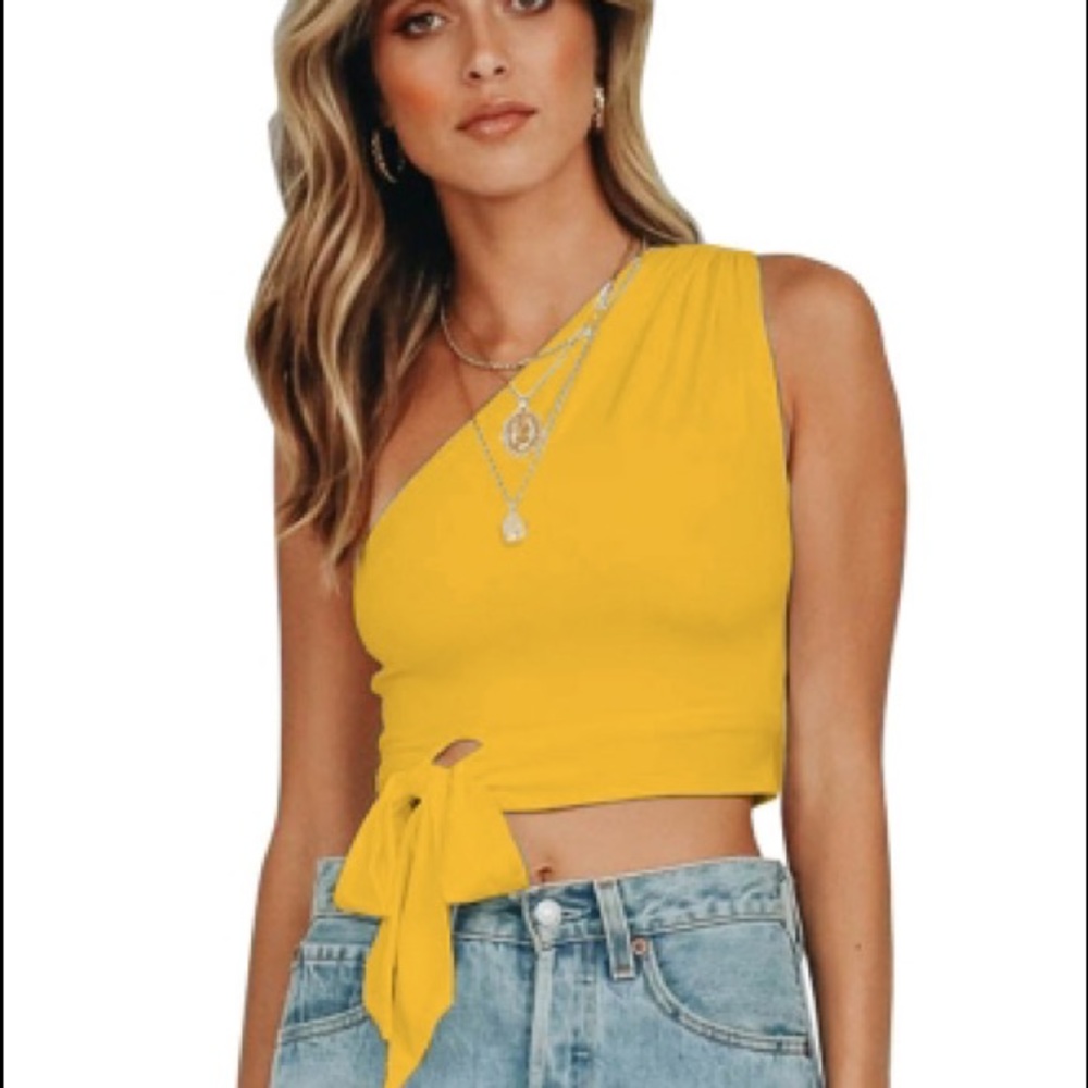 One Shoulder Yellow Tank Bowknot Crop Top